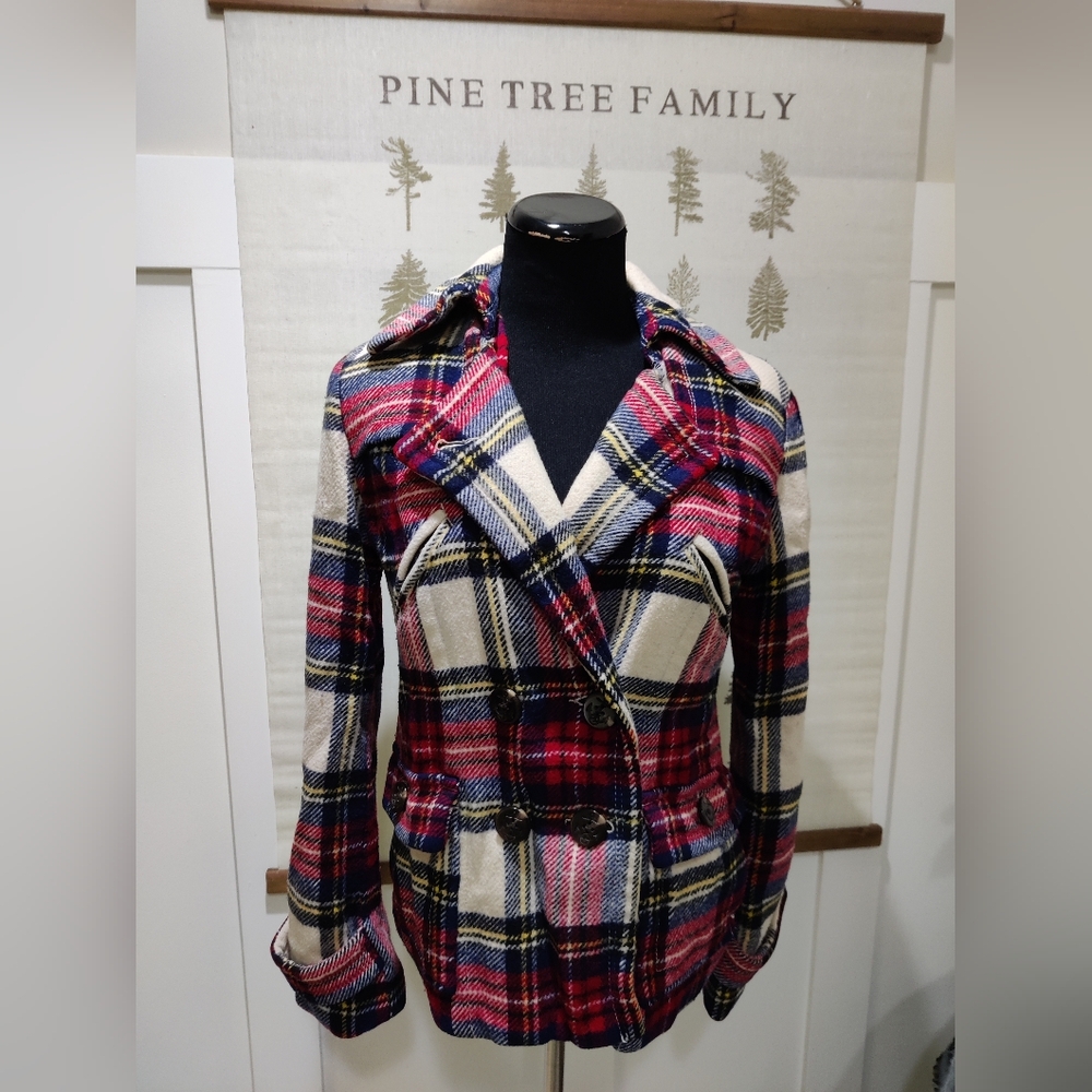 American Eagle Plaid Peacoat Jacket Size M | Red Navy Cream Double Breasted Coat